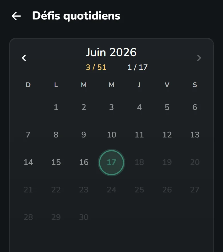 Le calendrier du jeu permet de choisir une date passée pour retrouver son défi quotidien.