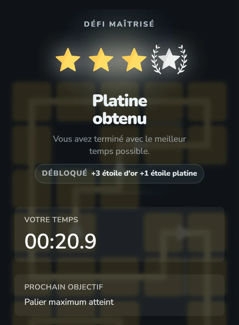 Exemple local de l'écran de résultat du défi quotidien, avec le temps de la série et la médaille obtenue.